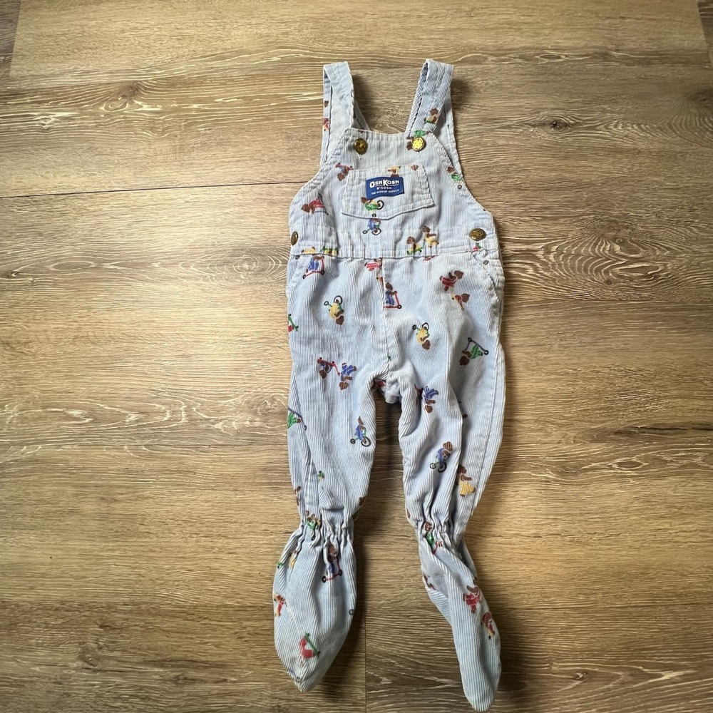 OshKosh B'gosh Overalls Baby 6/9M Blue Bear Print Corduroy Vintage USA Vestbak